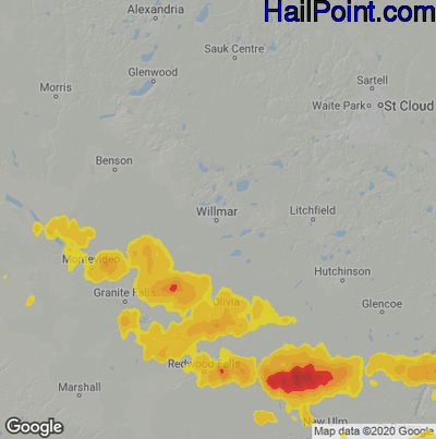Hail Map for Willmar, MN Region on July 23, 2022