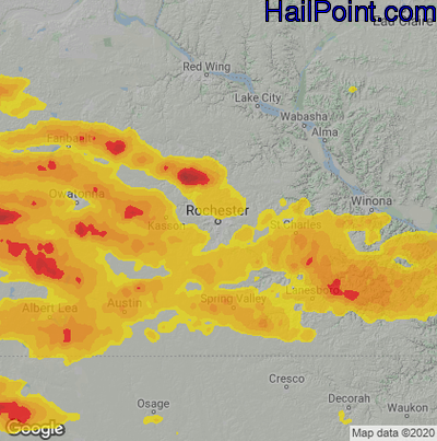Hail Map for Rochester, MN Region on July 23, 2022