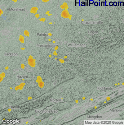 Hail Map for Pikeville, KY Region on July 23, 2022