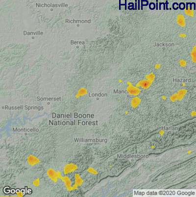 Hail Map for London, KY Region on July 23, 2022