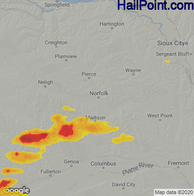 Hail Map for Norfolk, NE Region on July 23, 2022