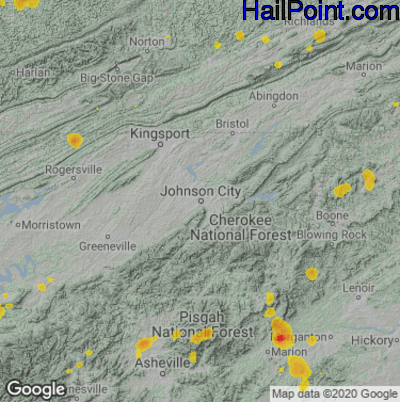 Hail Map for Johnson City, TN Region on July 23, 2022 