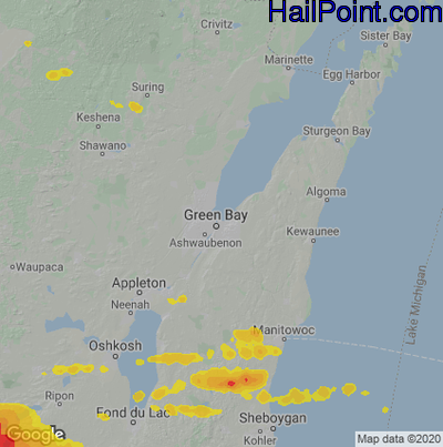 Hail Map for Green Bay, WI Region on July 24, 2022