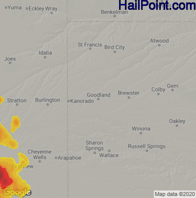 Hail Map for Goodland, KS Region on July 25, 2022
