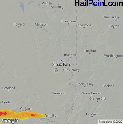 Hail Map for Sioux Falls, SD Region on August 2, 2022