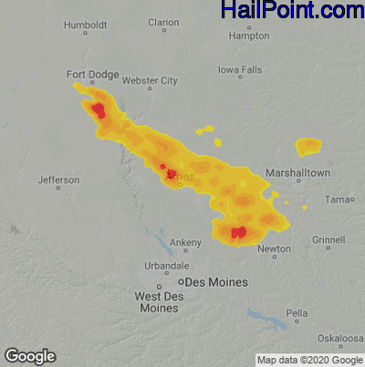 Hail Map for Ames, IA Region on August 2, 2022