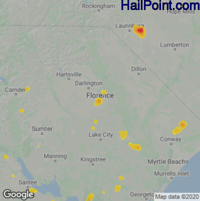 Hail Map for Florence, SC Region on August 3, 2022 