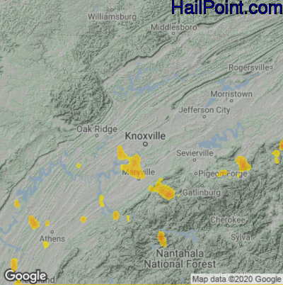 Hail Map for Knoxville, TN Region on August 3, 2022