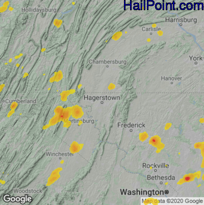 Hail Map for Hagerstown, MD Region on August 4, 2022 