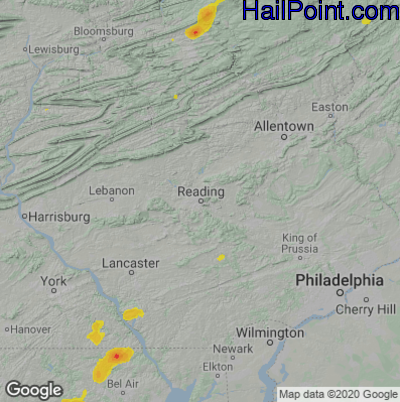 Hail Map for Reading, PA Region on August 4, 2022