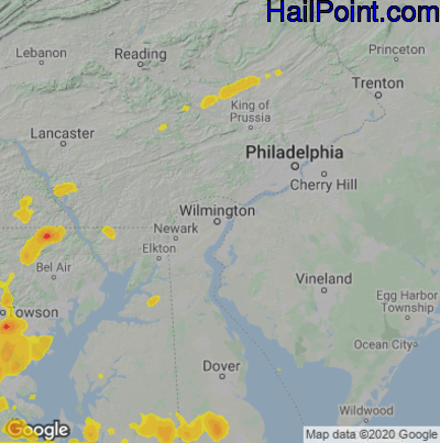 Hail Map for Wilmington, DE Region on August 4, 2022