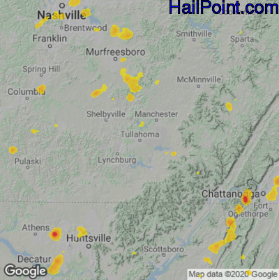 Hail Map for Tullahoma, TN Region on August 6, 2022 