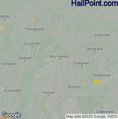 Hail Map for Monroeville, AL Region on August 7, 2022