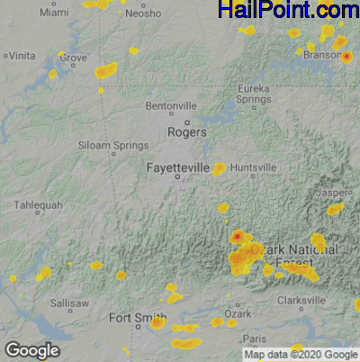 Hail Map for Fayetteville, AR Region on August 8, 2022