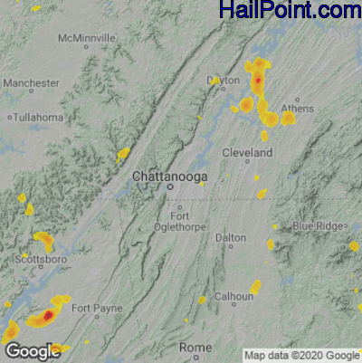 Hail Map for Chattanooga, TN Region on August 9, 2022