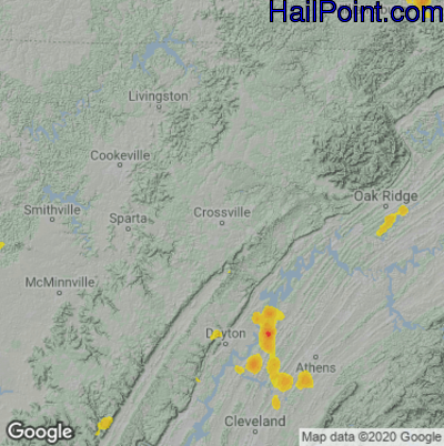 Hail Map for Crossville, TN Region on August 9, 2022