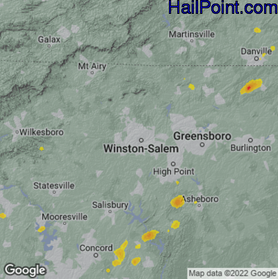 Hail Map for Winston-Salem, NC Region on August 10, 2022