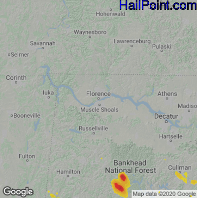 Hail Map for Florence, AL Region on August 15, 2022 