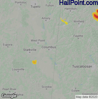 Hail Map for Columbus, MS Region on August 15, 2022 