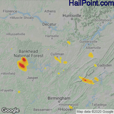 Hail Map for Cullman, AL Region on August 15, 2022 