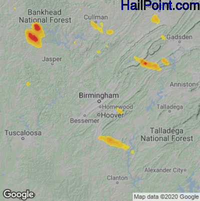 Hail Map for Birmingham, AL Region on August 15, 2022 