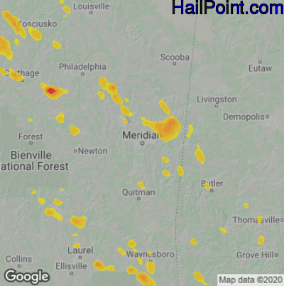 Hail Map for Meridan, MS Region on August 16, 2022