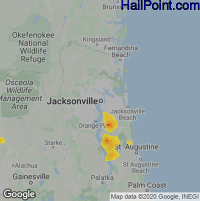 Hail Map for Jacksonville, FL Region on August 17, 2022