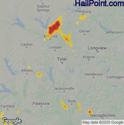 Hail Map for Tyler, TX Region on August 17, 2022 