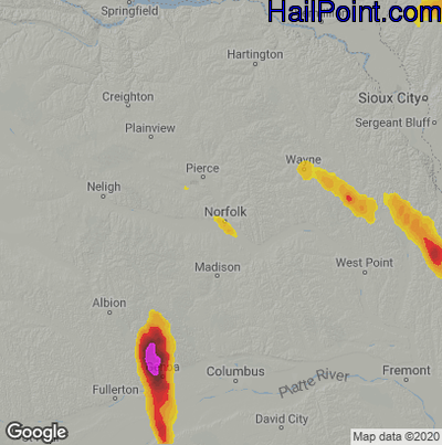 Hail Map for Norfolk, NE Region on August 18, 2022