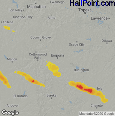 Hail Map for Emporia, KS Region on August 19, 2022