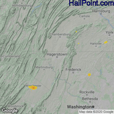 Hail Map for Hagerstown, MD Region on August 22, 2022 