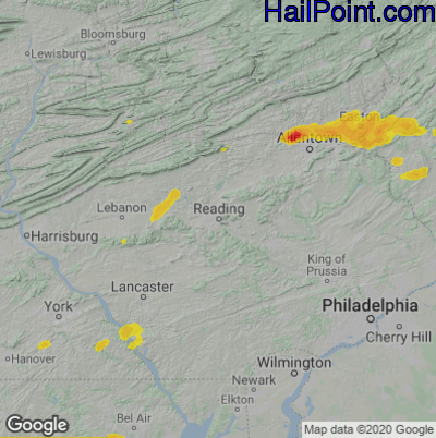 Hail Map for Reading, PA Region on August 22, 2022 