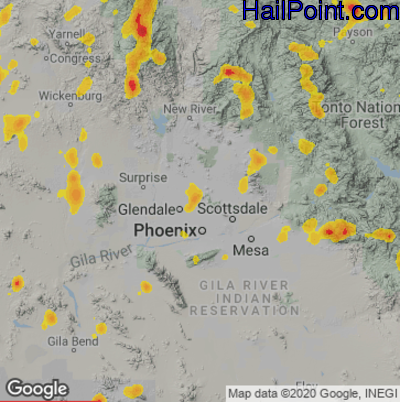 Hail Map for Phoenix, AZ Region on August 23, 2022