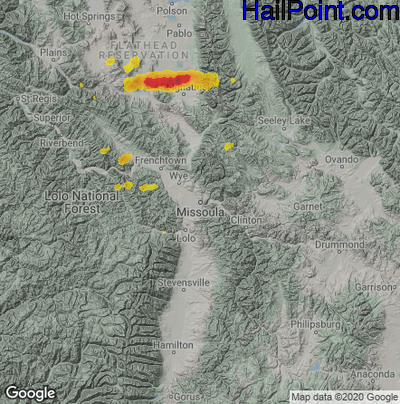 Hail Map for Missoula, MT Region on August 25, 2022
