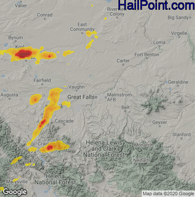 Hail Map for Great Falls, MT Region on August 25, 2022