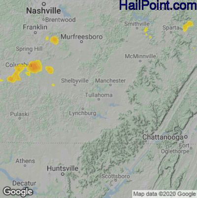 Hail Map for Tullahoma, TN Region on August 26, 2022