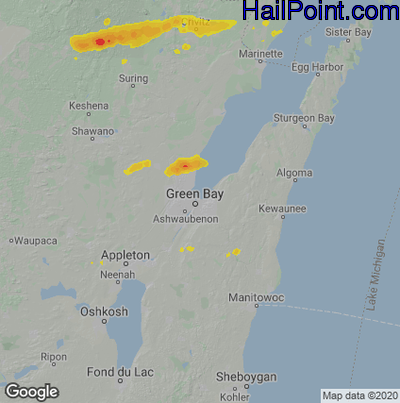 Hail Map for Green Bay, WI Region on August 29, 2022