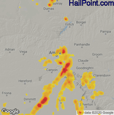 Hail Map for Amarillo, TX Region on August 29, 2022