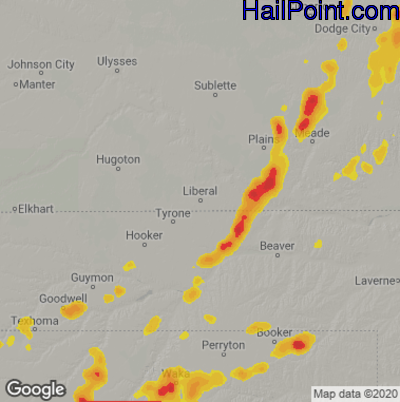 Hail Map for Liberal, KS Region on August 29, 2022