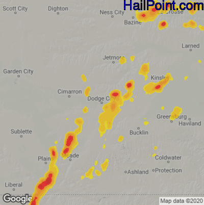 Hail Map for Dodge City, KS Region on August 29, 2022
