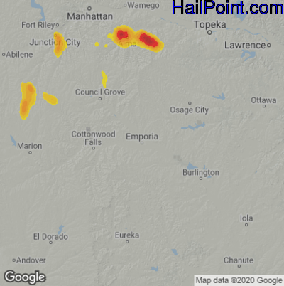 Hail Map for Emporia, KS Region on August 29, 2022