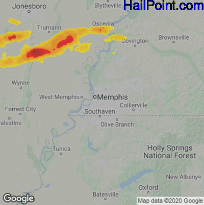 Hail Map for Memphis, TN Region on October 16, 2022