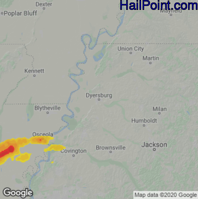 Hail Map for Dyersburg, TN Region on October 16, 2022