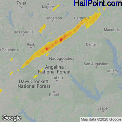 Hail Map for Nacogdoches, TX Region on January 3, 2023
