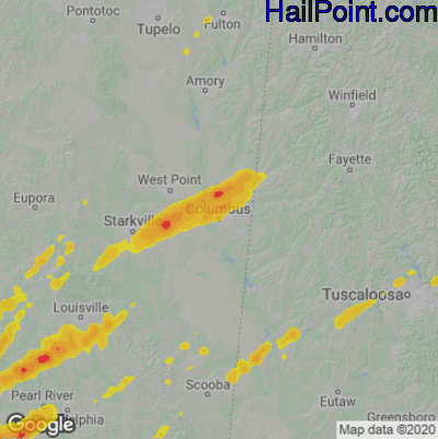 Hail Map for Columbus, MS Region on January 4, 2023