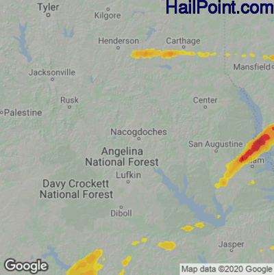 Hail Map for Nacogdoches, TX Region on January 8, 2023