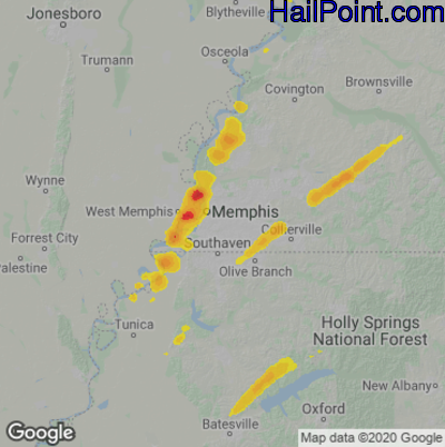 Hail Map for Memphis, TN Region on February 16, 2023