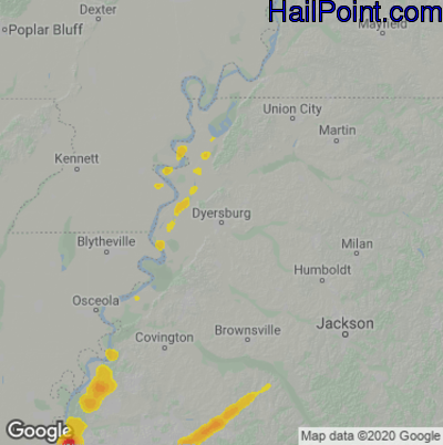 Hail Map for Dyersburg, TN Region on February 16, 2023