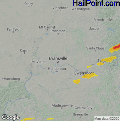 Hail Map for Evansville, IN Region on March 1, 2023