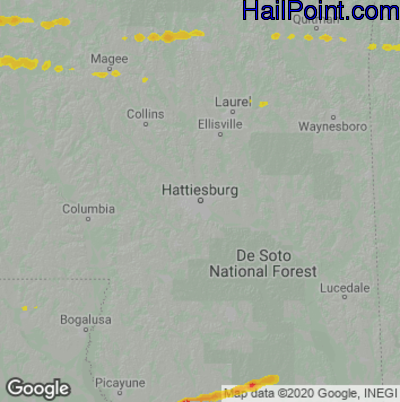 Hail Map for Hattiesburg, MS Region on March 12, 2023